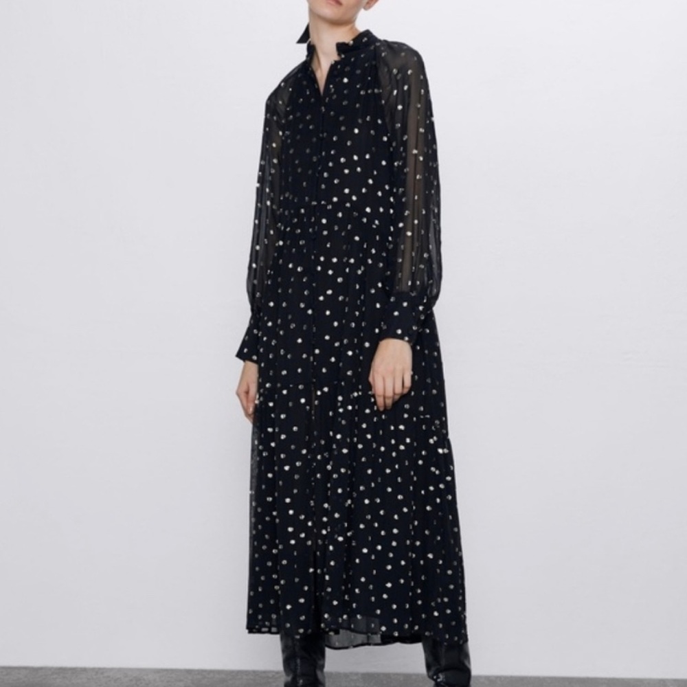 Zara Black/Gold Metallic Midi Dress (L)